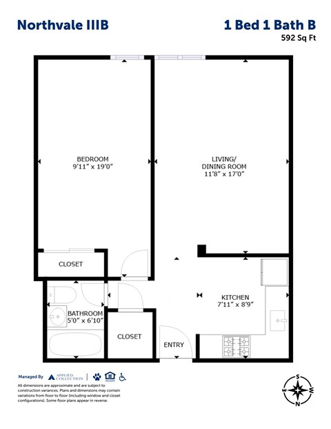 Floor plan for 1 bed, 1 bath, 592 sqft